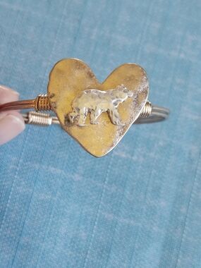 Hammered Goldtone Heart Bear Bangle Bracelet - Women Jewelry